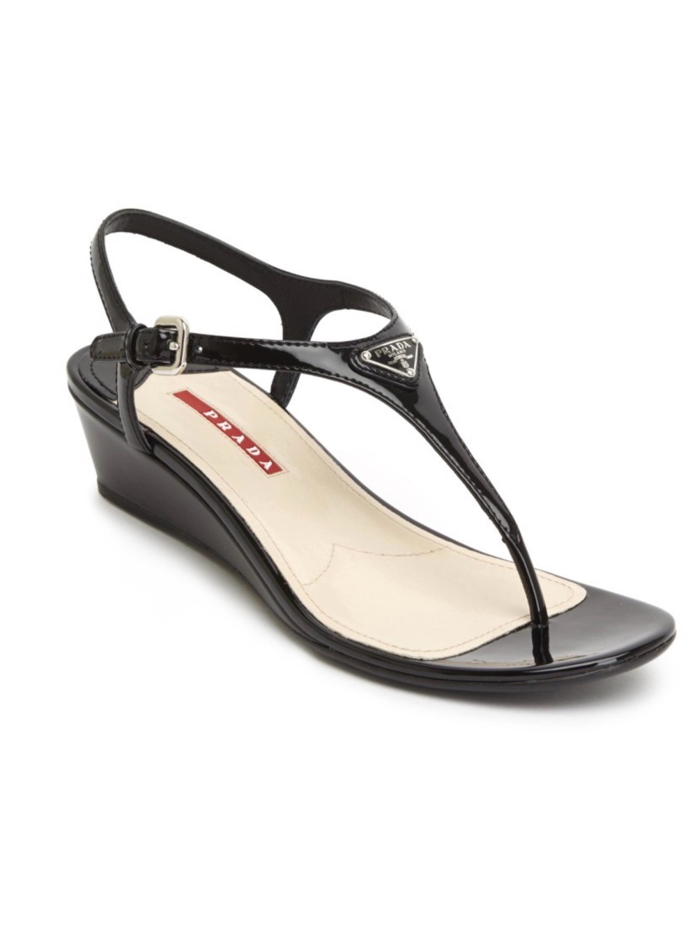 Vintage Prada Black Patent Leather Slingback Wedge Thong Sandals